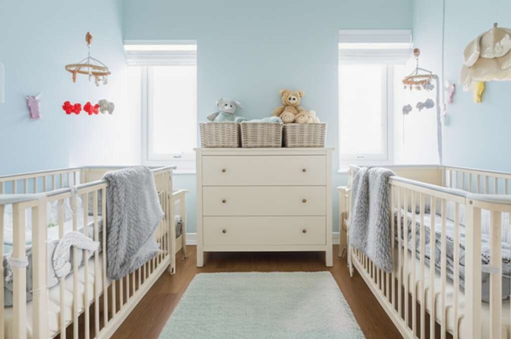Generate a high-quality, relevant image prompt for an article about: Twin Baby Nursery Decor Ideas: