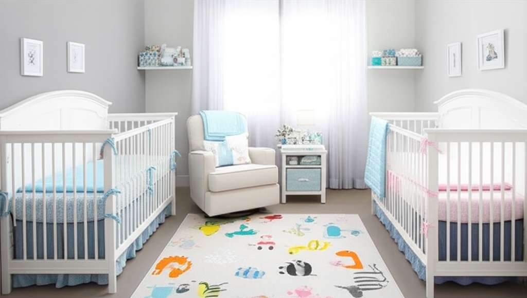 Generate a high-quality, relevant image prompt for an article about: Twin Baby Nursery Decor Ideas: