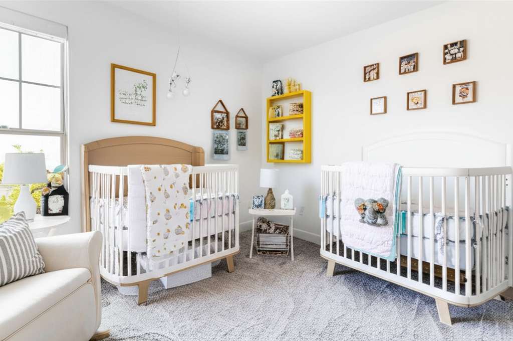Generate a high-quality, relevant image prompt for an article about: Twin Baby Nursery Decor Ideas: