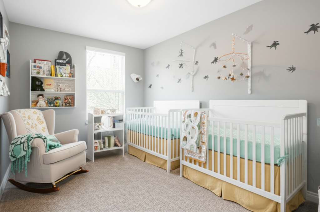 Generate a high-quality, relevant image prompt for an article about: Twin Baby Nursery Decor Ideas:
