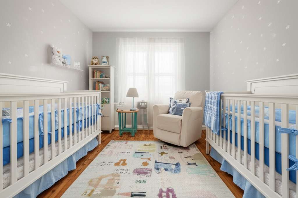 Generate a high-quality, relevant image prompt for an article about: Twin Baby Boy Nursery Room Idea