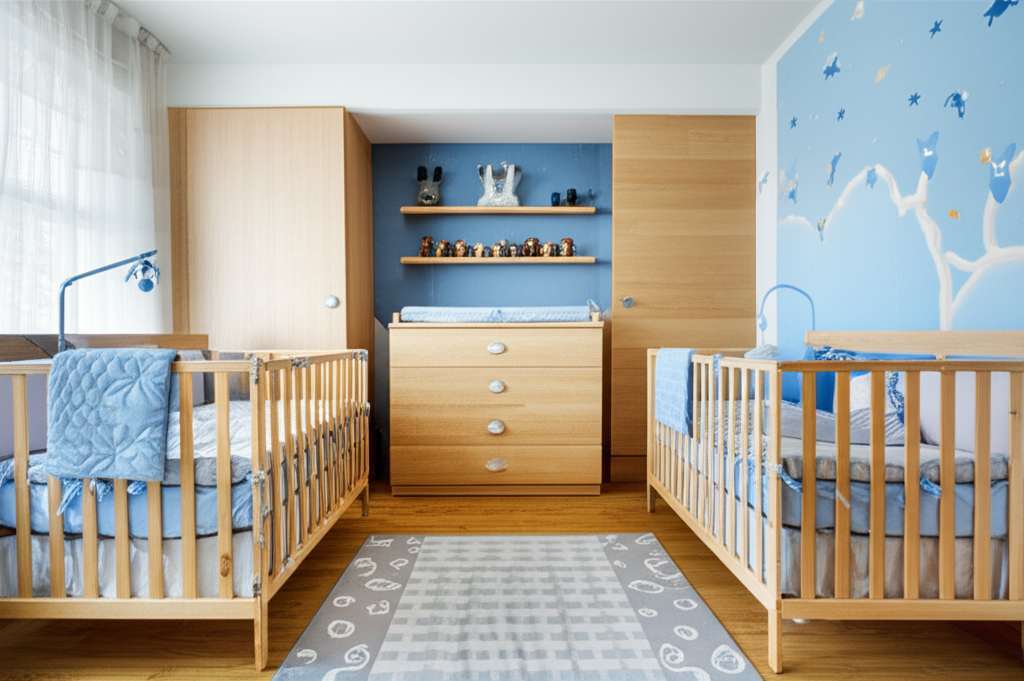 Generate a high-quality, relevant image prompt for an article about: Twin Baby Boy Nursery Room Idea