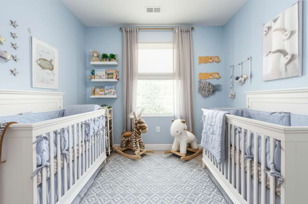 Generate a high-quality, relevant image prompt for an article about: Twin Baby Boy Nursery Room Idea