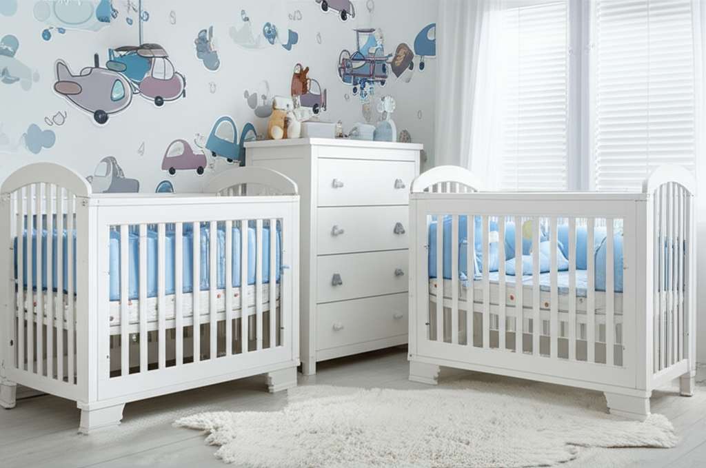 Generate a high-quality, relevant image prompt for an article about: Twin Baby Boy Nursery Room Idea