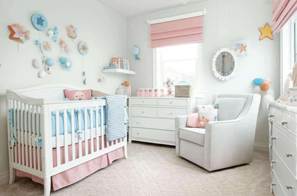 Generate a high-quality, relevant image prompt for an article about: Twin Baby Boy and Girl Nursery