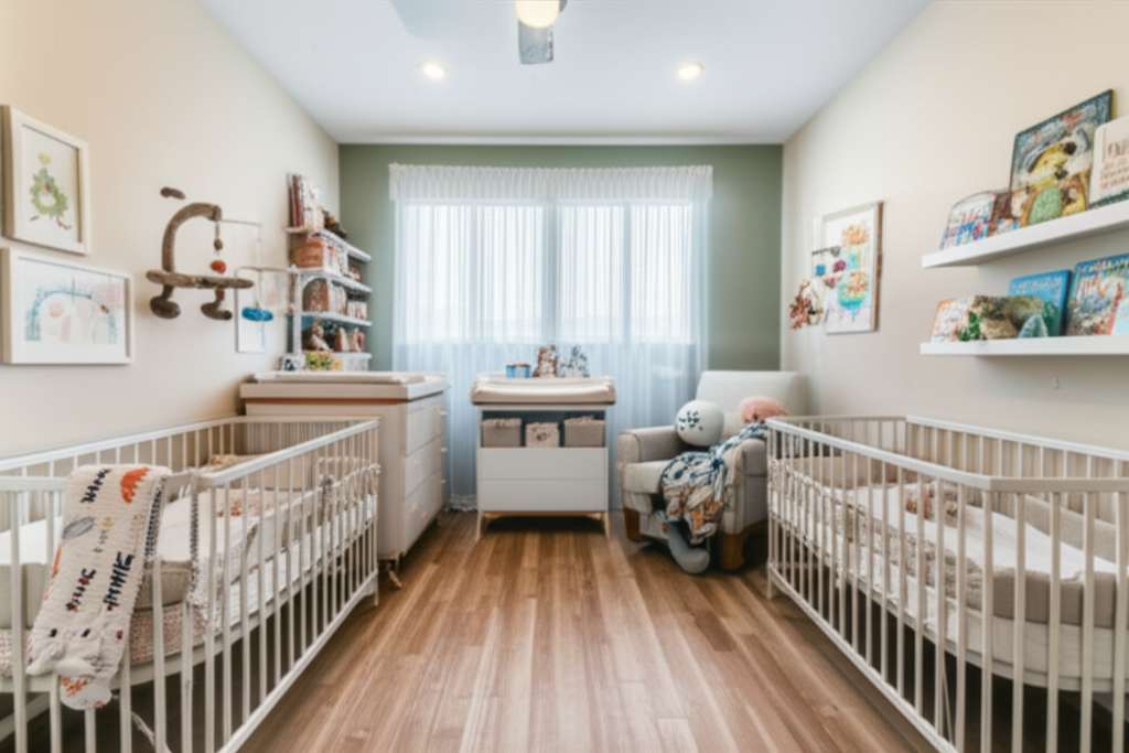 Generate a high-quality, relevant image prompt for an article about: Twin Baby Boy and Girl Nursery
