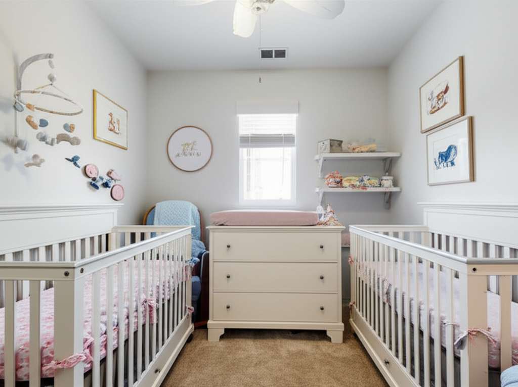 Generate a high-quality, relevant image prompt for an article about: Twin Baby Boy and Girl Nursery
