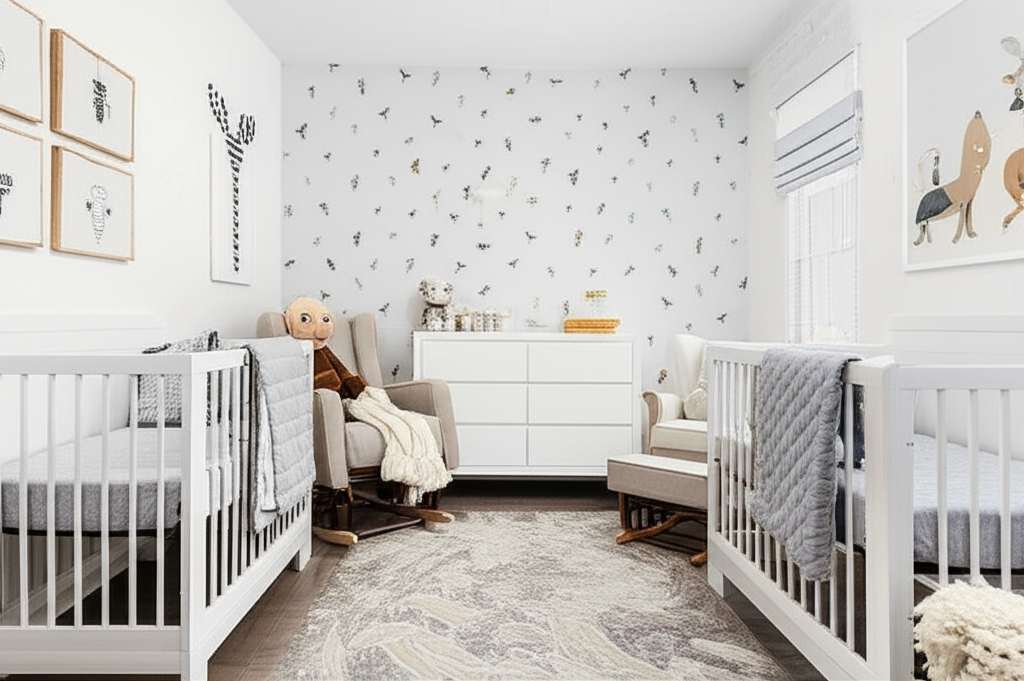 Generate a high-quality, relevant image prompt for an article about: Modern Twin Baby Nursery Room I