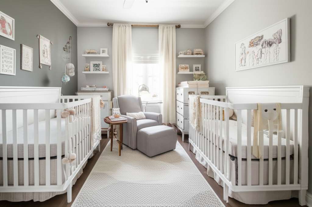 Generate a high-quality, relevant image prompt for an article about: Modern Twin Baby Nursery Room I