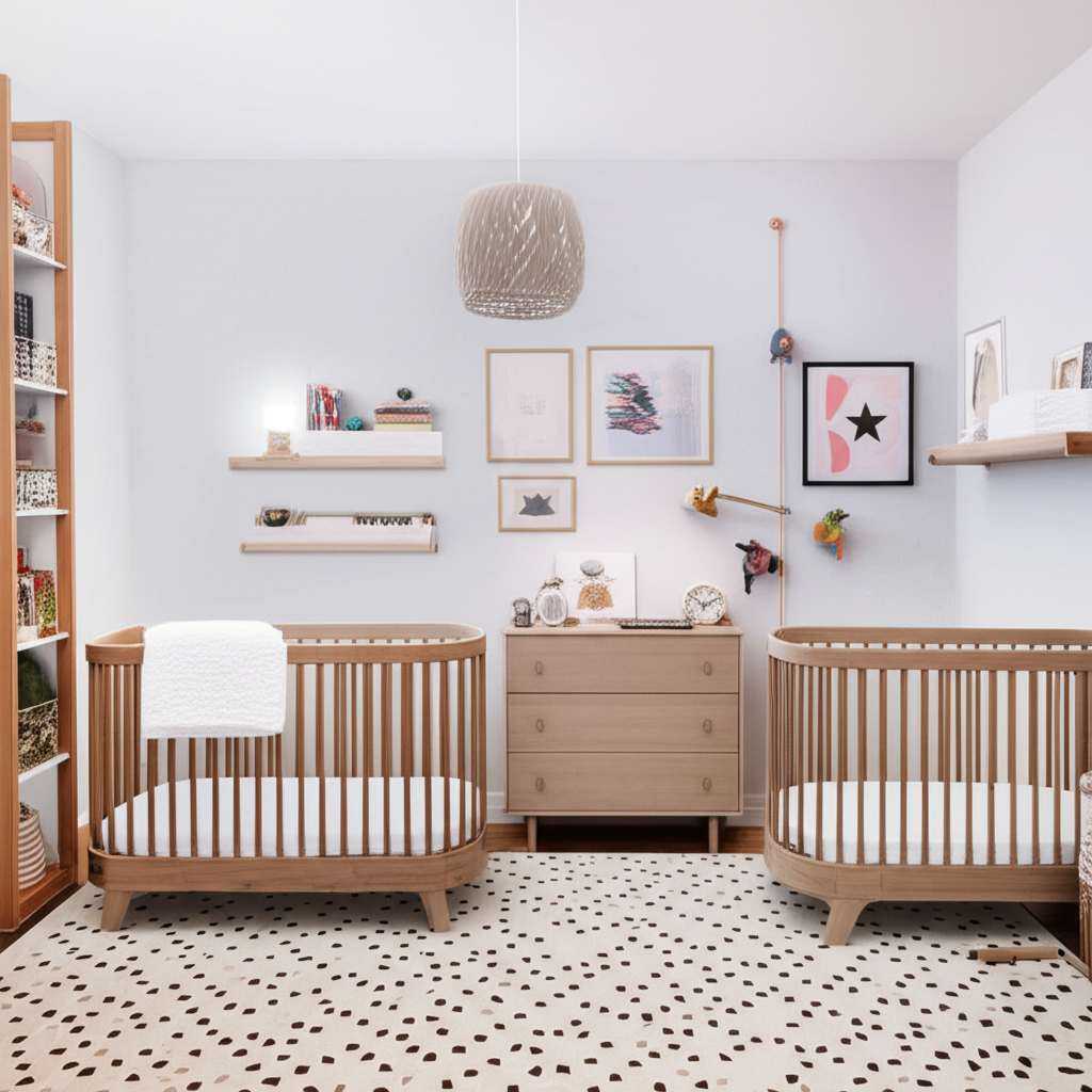 Generate a high-quality, relevant image prompt for an article about: Modern Twin Baby Nursery Room I