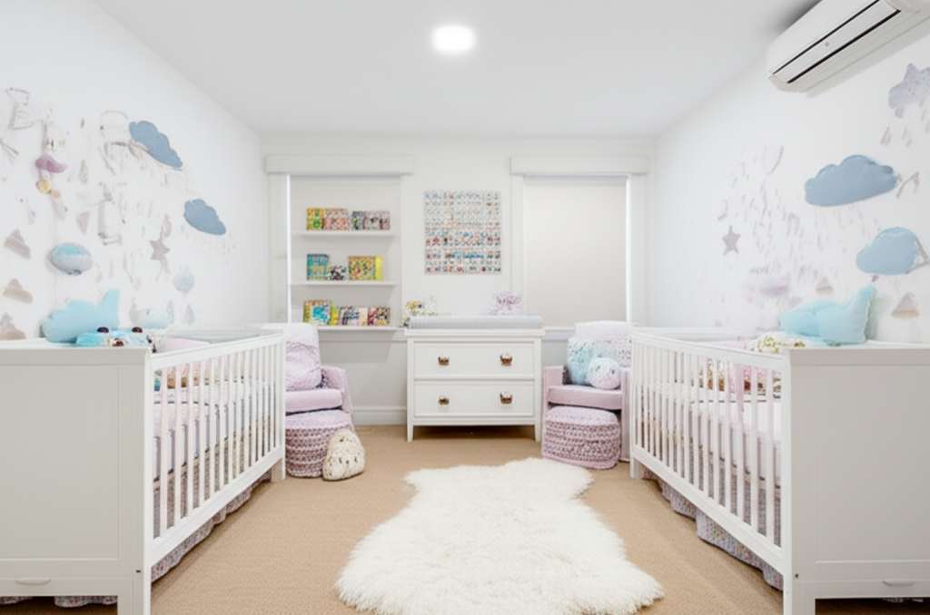 Generate a high-quality, relevant image prompt for an article about: Simple Twin Baby Nursery Room I