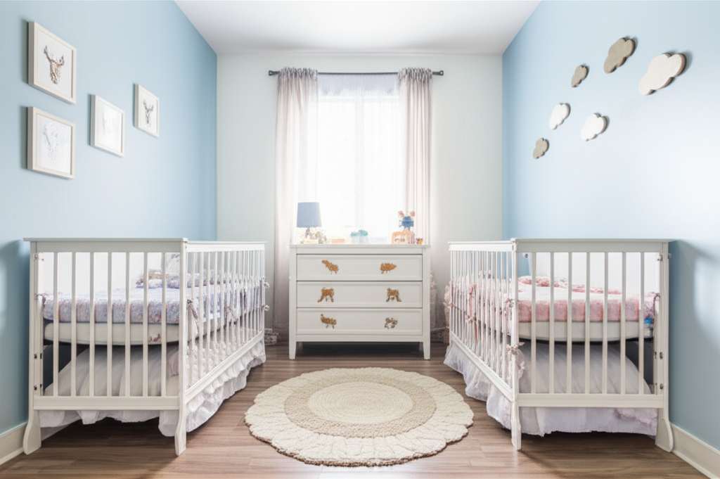 Generate a high-quality, relevant image prompt for an article about: Simple Twin Baby Nursery Room I