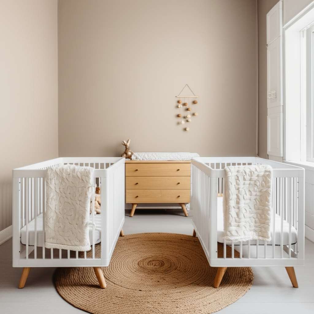 Generate a high-quality, relevant image prompt for an article about: Neutral Twin Baby Nursery Decor