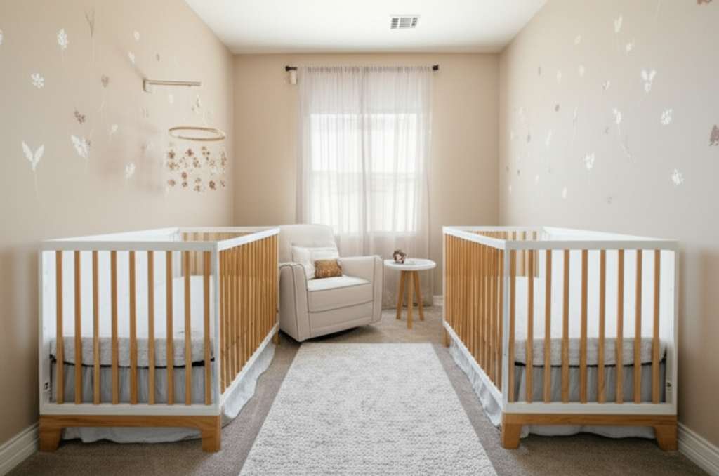 Generate a high-quality, relevant image prompt for an article about: Neutral Twin Baby Nursery Decor