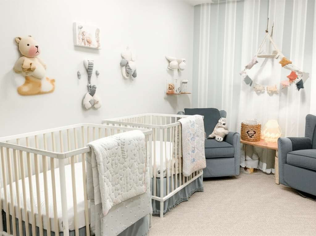 Generate a high-quality, relevant image prompt for an article about: Neutral Twin Baby Nursery Decor