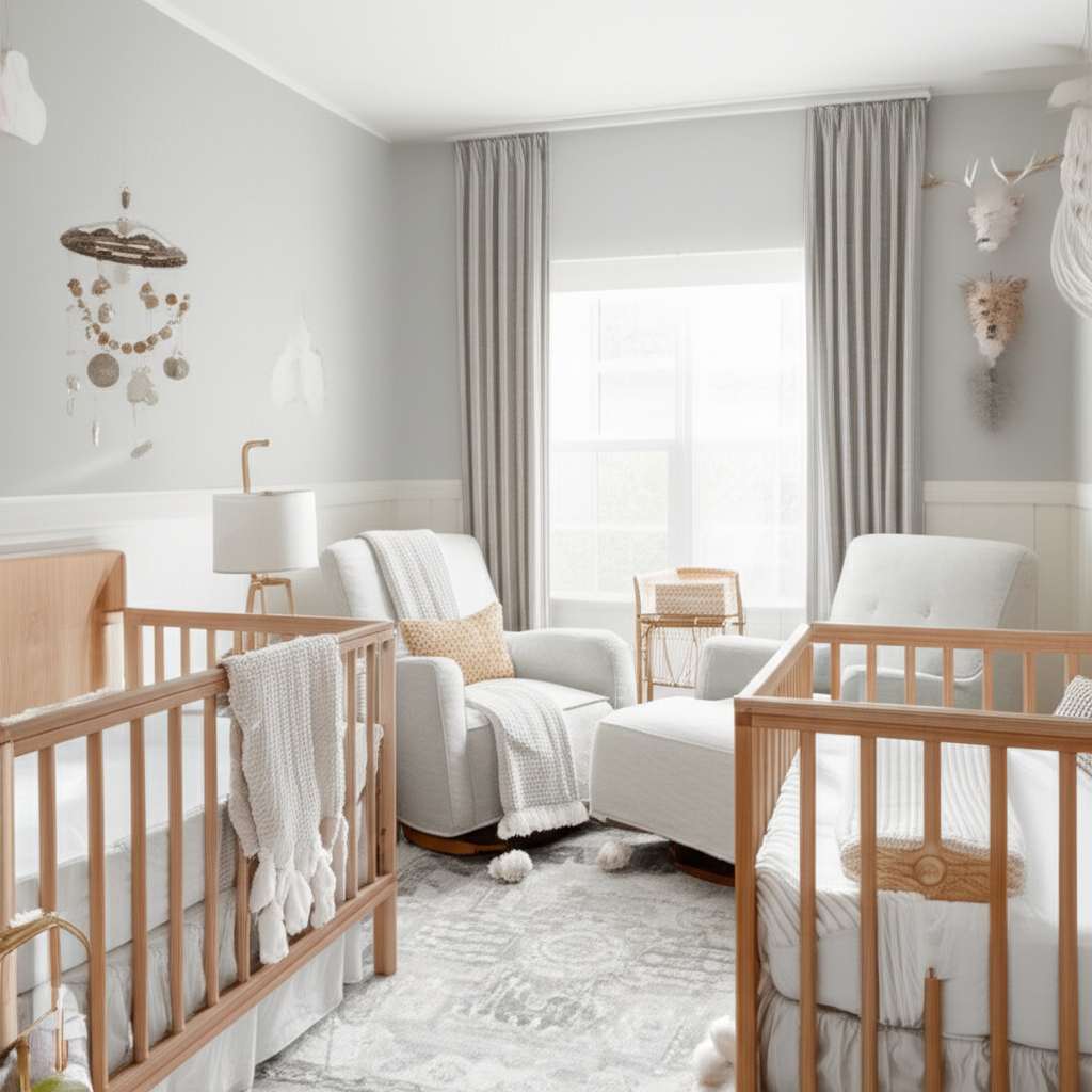 Generate a high-quality, relevant image prompt for an article about: Neutral Twin Baby Nursery Decor
