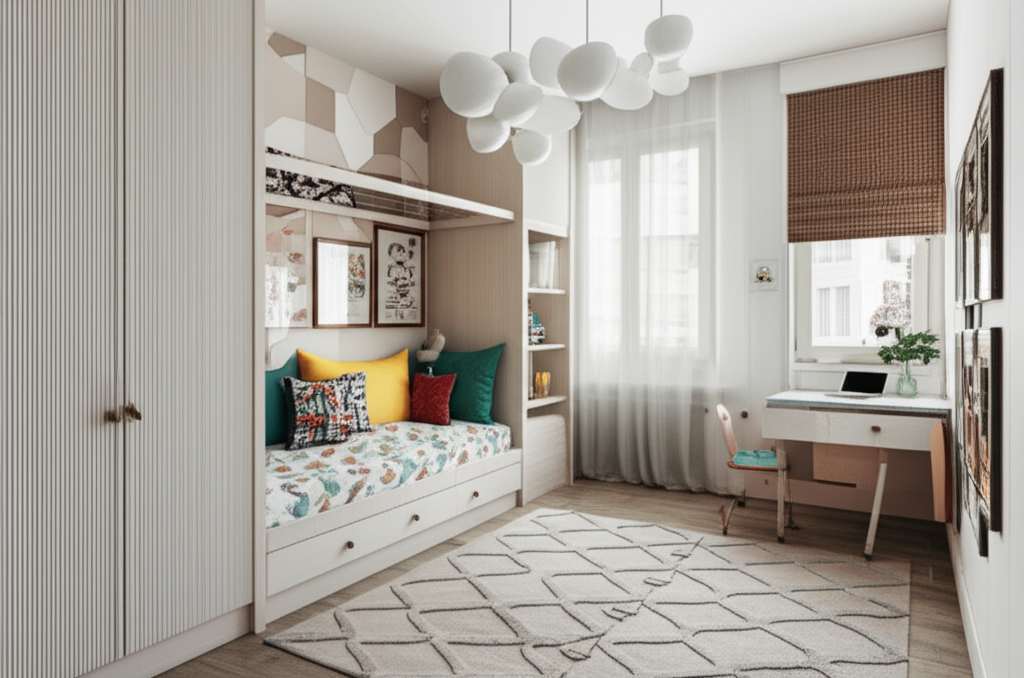 Generate a high-quality, relevant image prompt for an article about: Small Kids Bedroom Design Ideas