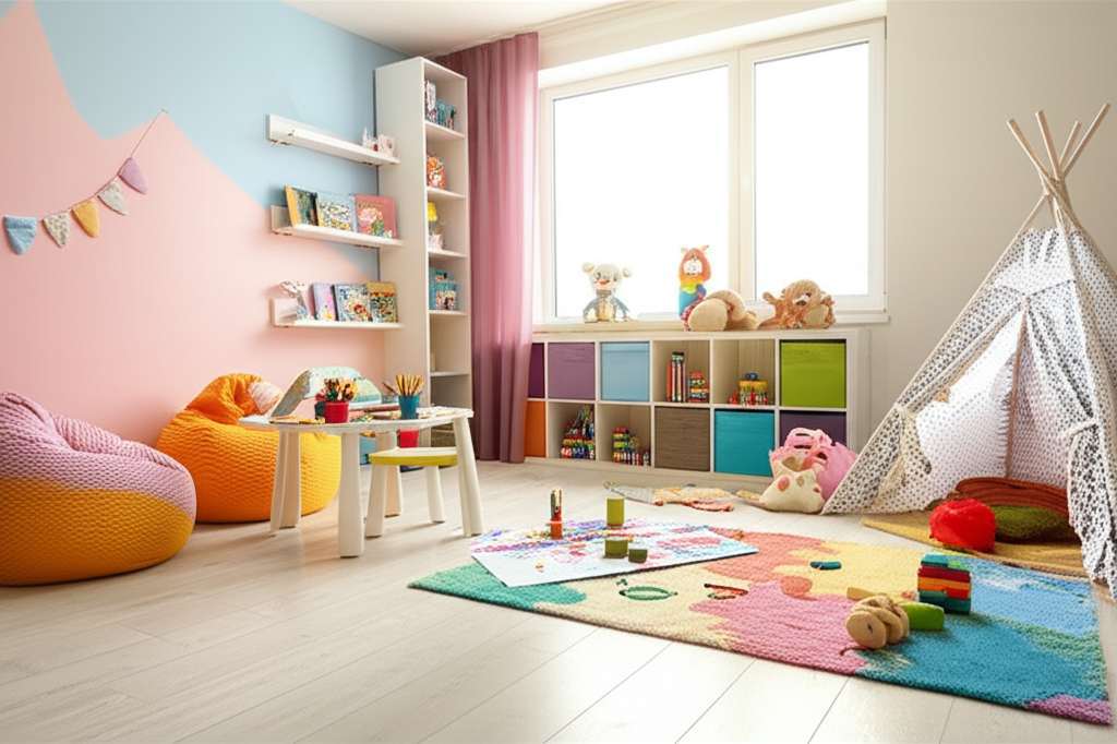 Generate a high-quality, relevant image prompt for an article about: Kids Playroom Design Ideas: Ama