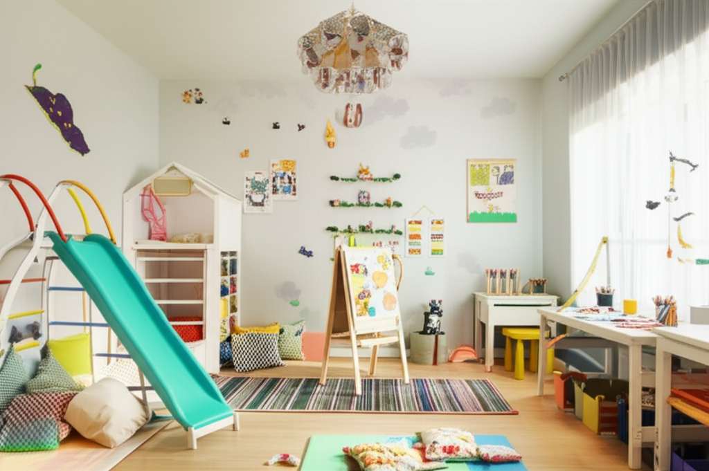 Generate a high-quality, relevant image prompt for an article about: Kids Playroom Design Ideas: Ama