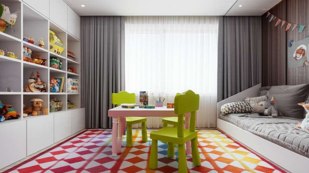 Generate a high-quality, relevant image prompt for an article about: Small Kids Playroom Design Idea